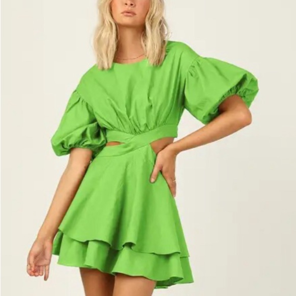Sweet Girls Summer Lime Green Puffy Sleeve Hollow Waist Dress Size XS